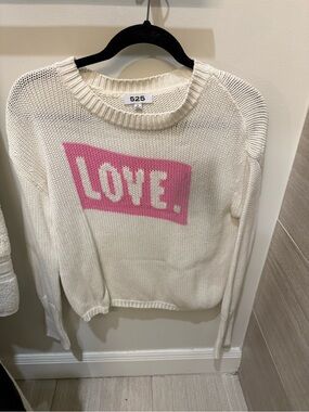 525 America Cream Knit Crewneck Sweater with Pink LOVE Graphic